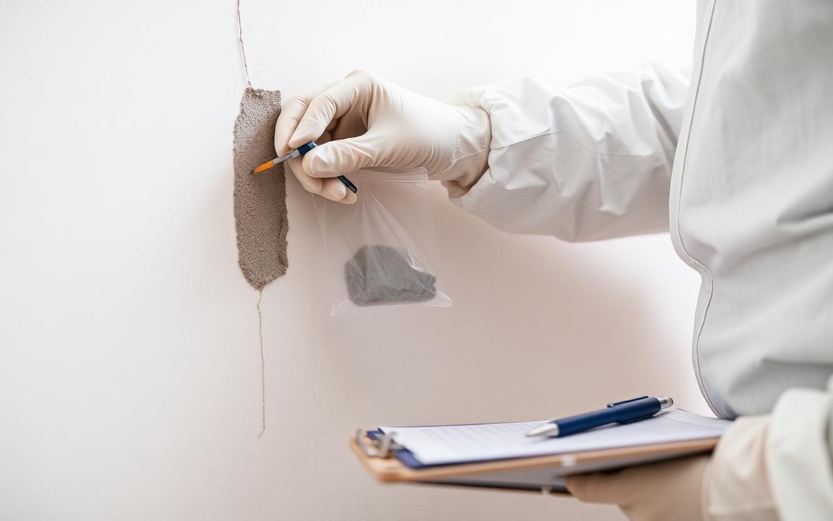 Fachkraft im Schutzanzug entnimmt eine Materialprobe aus einer Wandbeschichtung