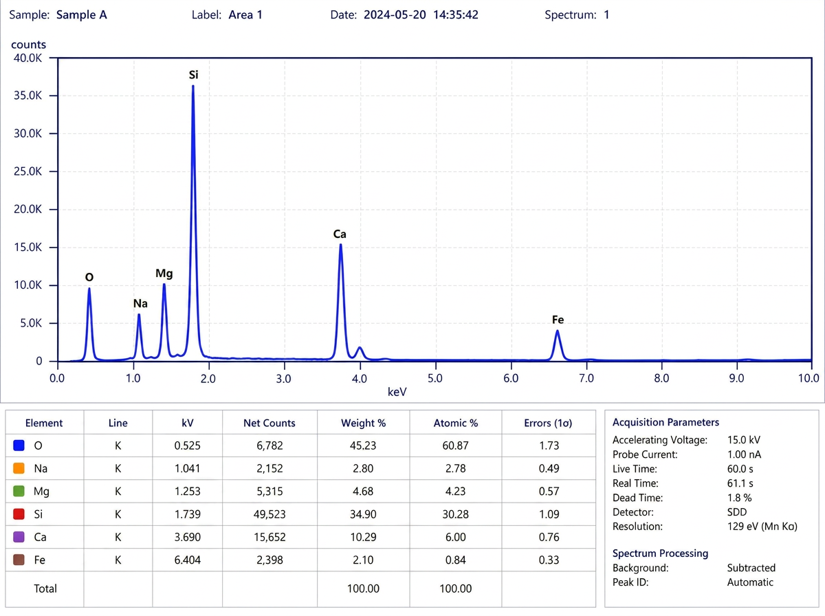 EDX-Spektrum einer Materialprobe aus der REM-Analyse
